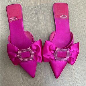 Jeffrey Campbell Fuchsia Satin Pointed Bow Mules with Crystal Buckle